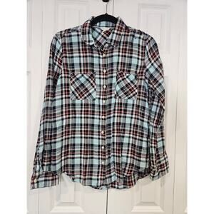 Aeropostale Womens Button Down Flannel L Blue Red Plaid Front Pocket Long Sleeve